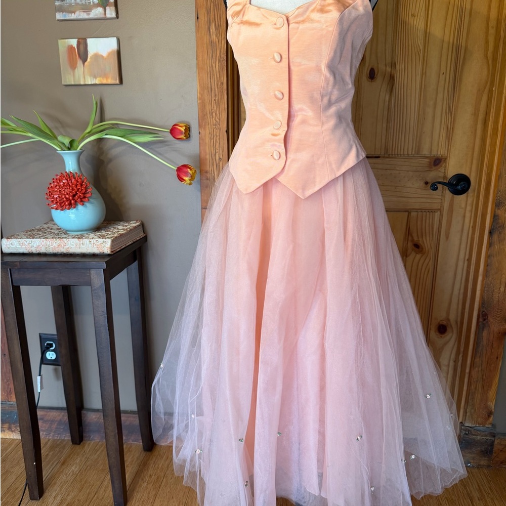 Scavelli Peach Satin Halter top and matching tulle skirt with satin rosebuds